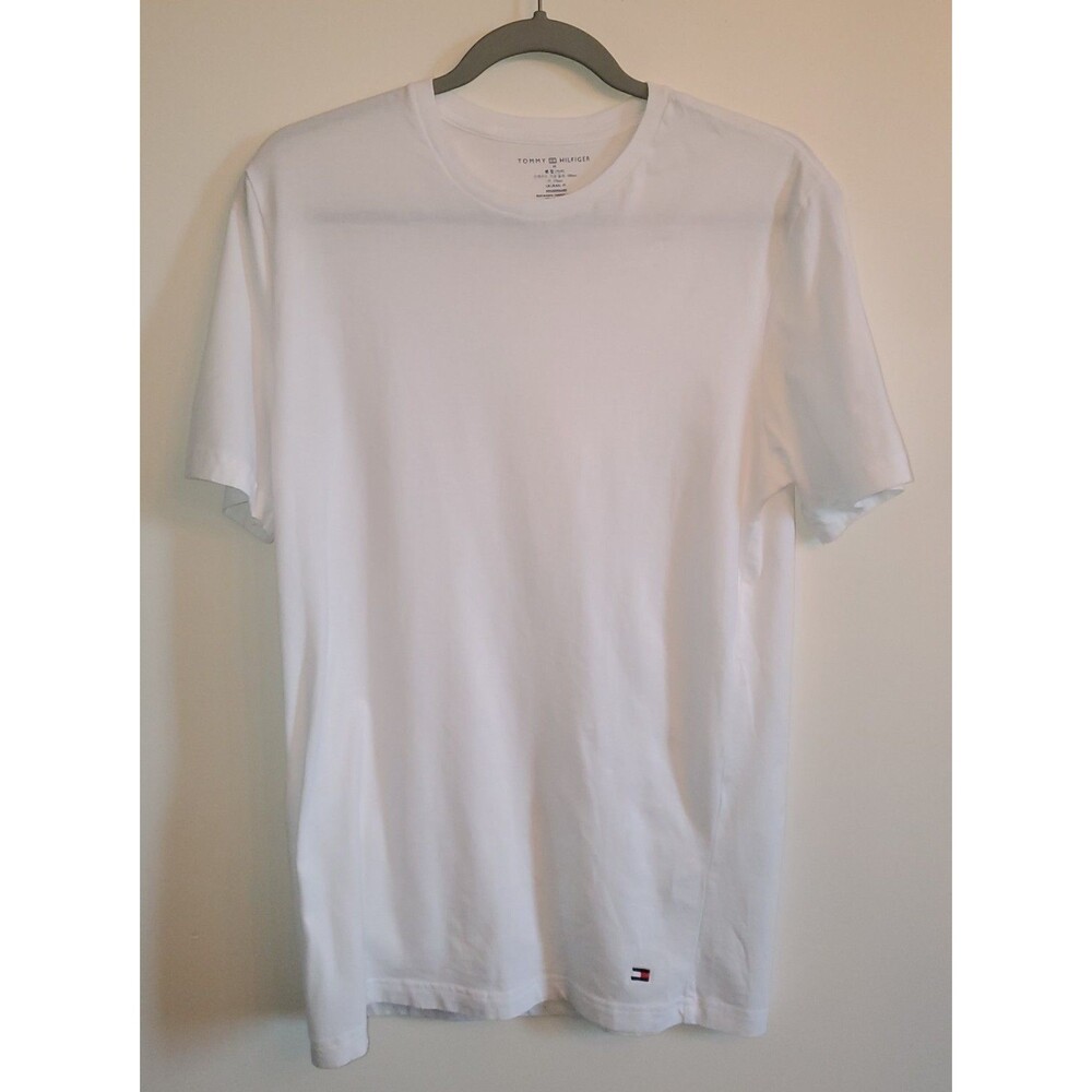 Tommy Hilfiger Mens White Crewneck T-Shirt Size Medium Embroidered Flag Hem Logo